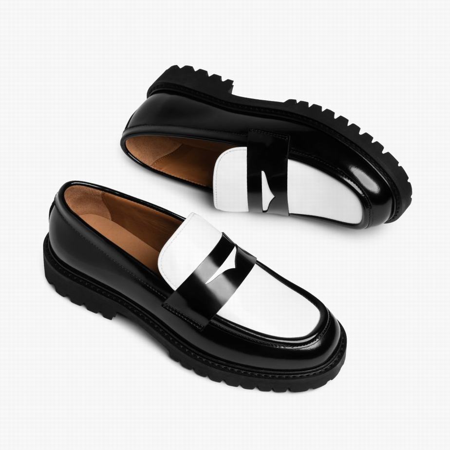 Loafersy Thursday Boots Penny Damskie Czarne Białe | RGF3564DI